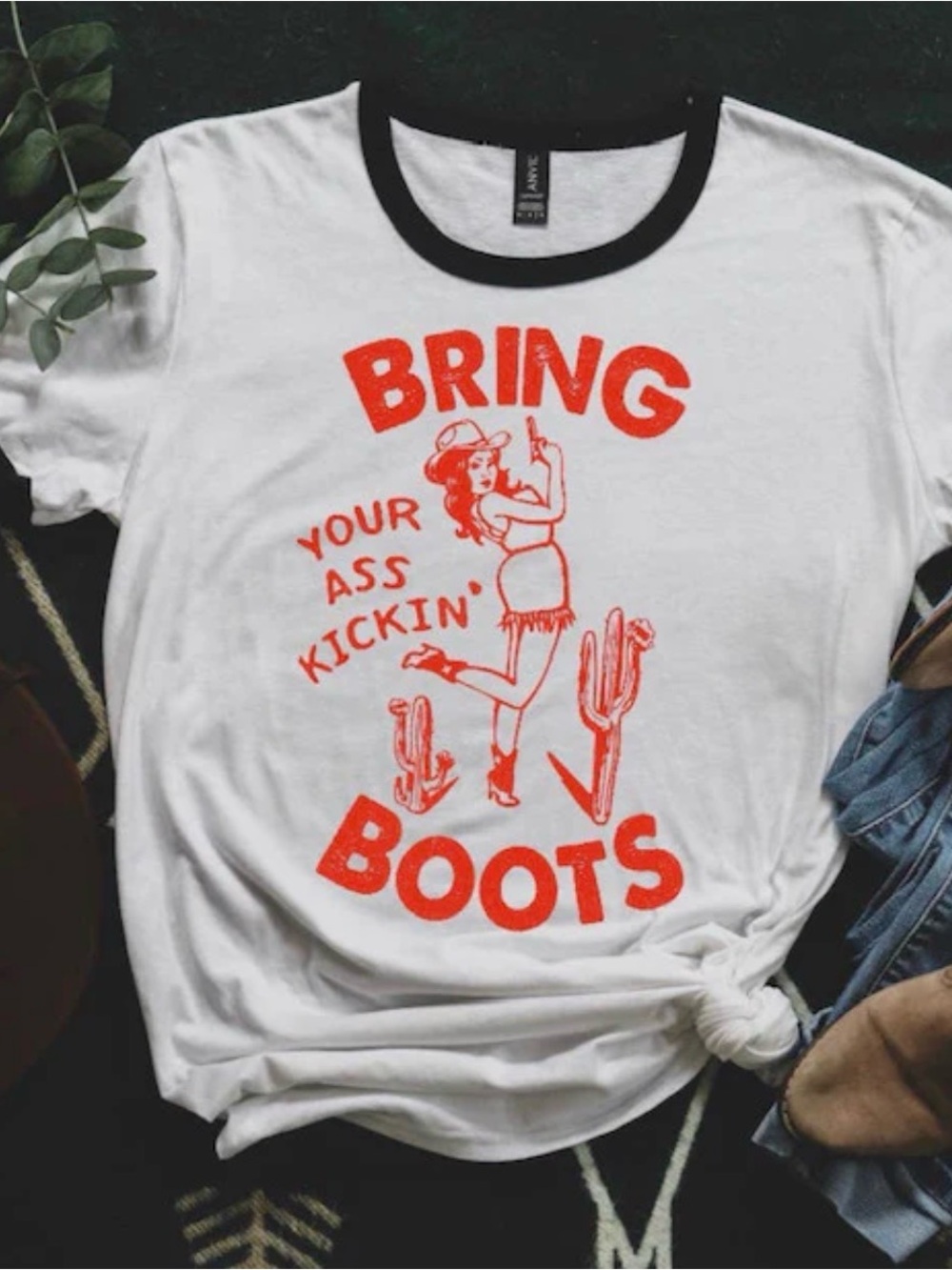 Cowgirl Retro Women’s White Graphic Ringer Tee - Bring Boots